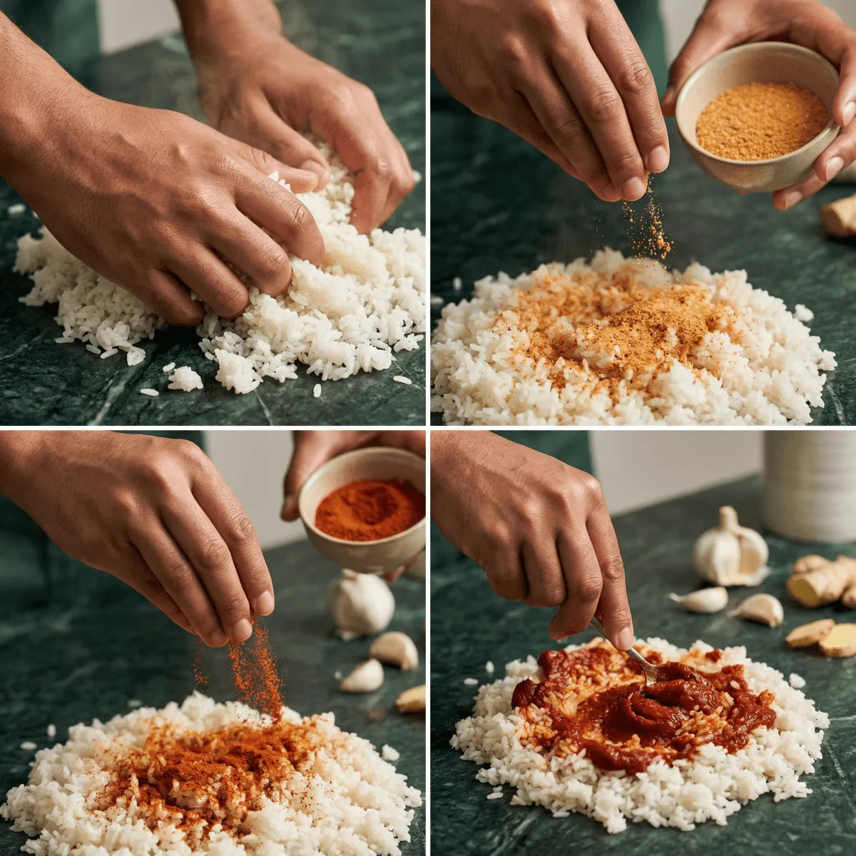 Authentieke Afrikaanse Jollof Rice Kit: Rijst bereid in 4 stappen - kruiden toevoegen.