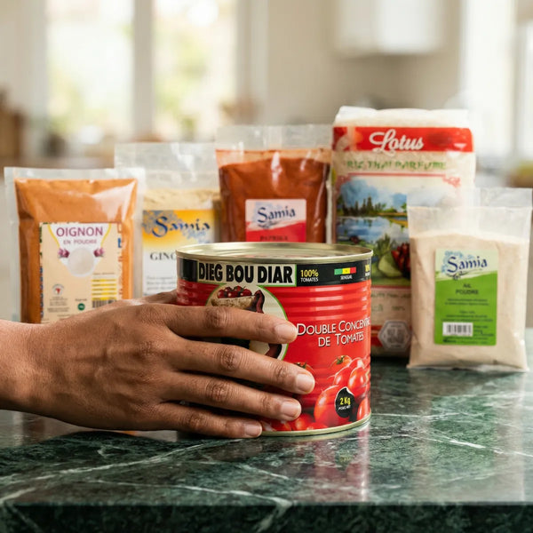 Kit de recette africain authentique par Jollof Rice, entouré d'épices et de riz en sachet.
