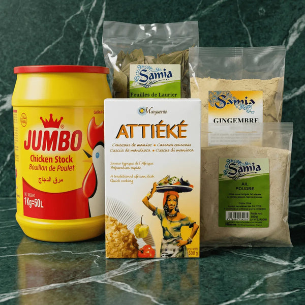 Un assortiment de produits : Jumbo bouillon, attiéké Marguerite et épices Samia (laurier.