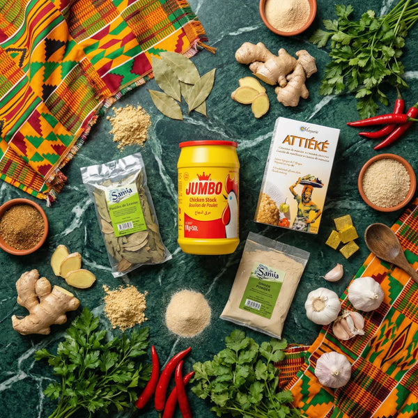 Nature morte de produits Jumbo, Samia et Marguerite (attiéké) pour un Kedjenou ivoirien authentique.