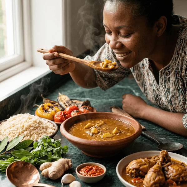 Kit Kedjenou. Femme souriante goûtant plat ivoirien: Kedjenou, couscous, légumes grillés.