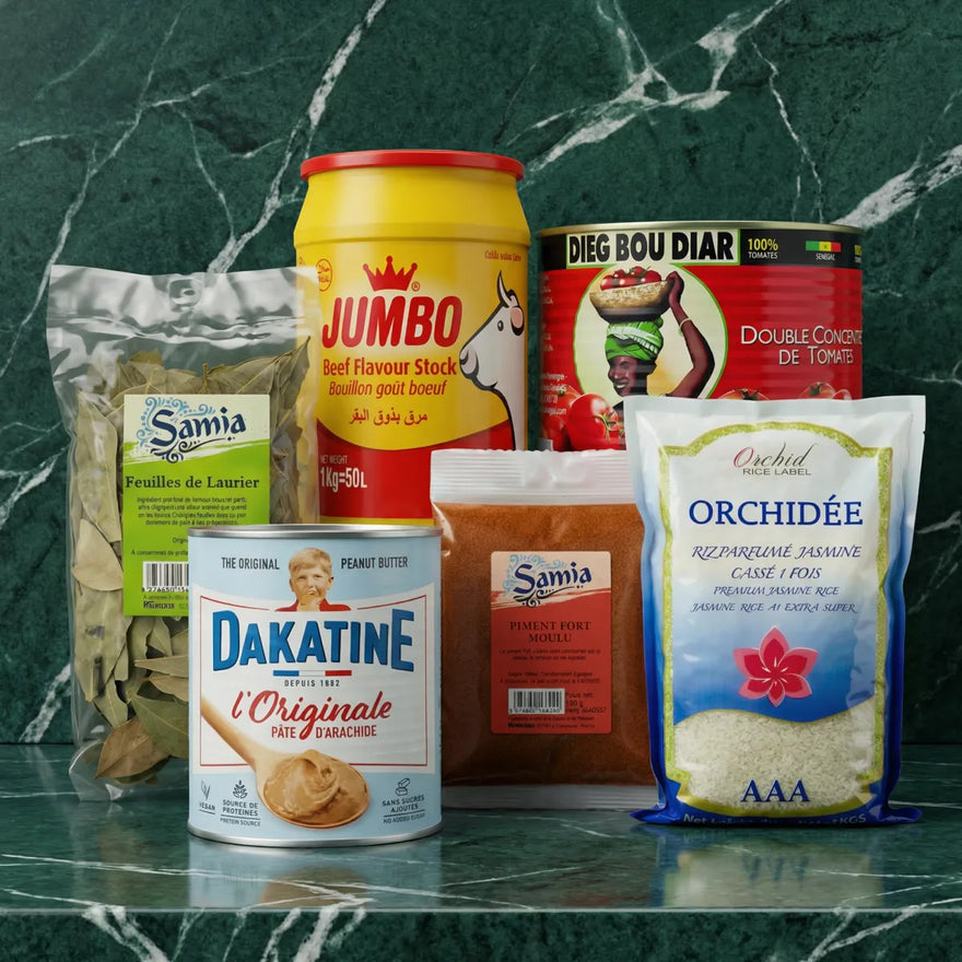 Assortiment d'ingrédients africains : Jumbo bouillon, Dieg Bou Diar tomates, Samia épices.