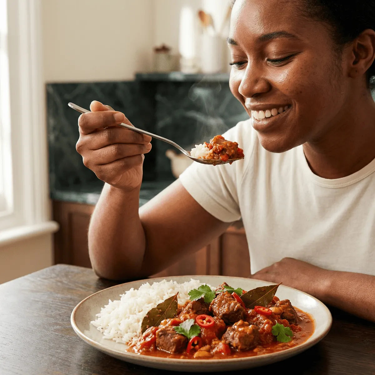 Afrikaanse Mafé Kit van [Nom de la marque]. Lachende vrouw die geniet van een Senegalese pindastoofpot.