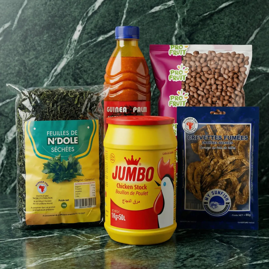 Présentation de produits camerounais: Ndolé séché, huile Guinea Palm, Jumbo Chicken Stock.