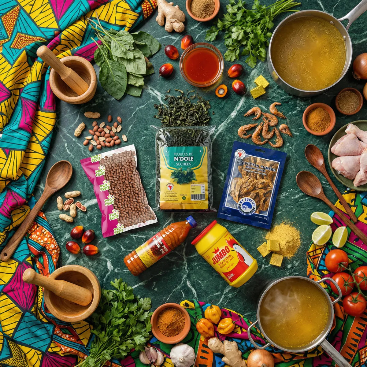 Diverse authentieke Ndolé-ingrediënten uit Kameroen. Gedroogde bladeren, gerookte garnalen.