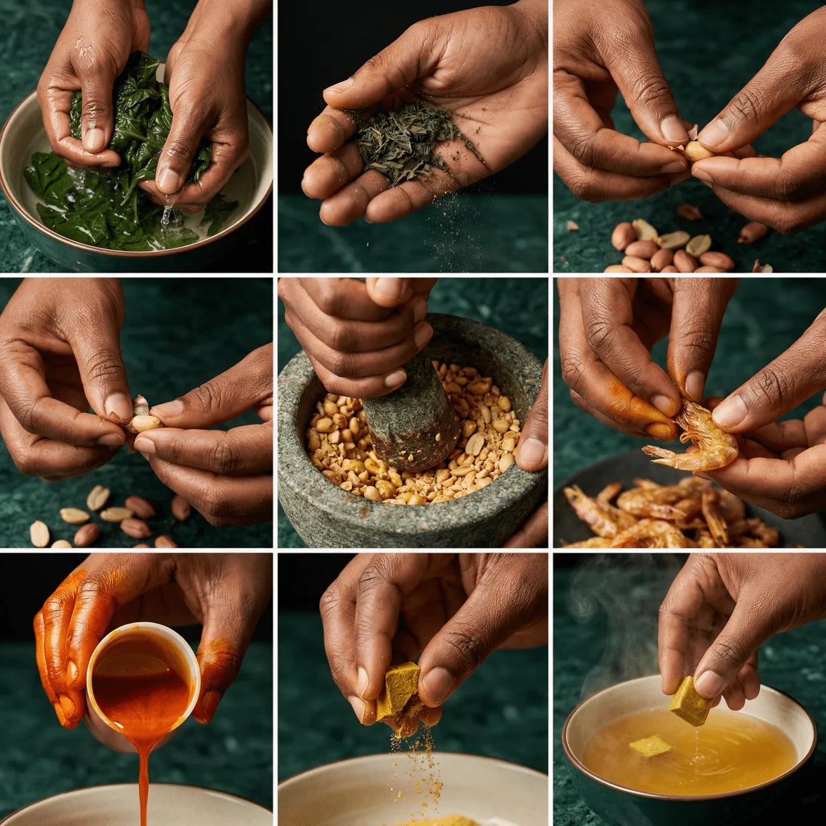 Authentieke Kameroense Ndolé Kit. Bereiding van het gerecht: groenten, kruiden, gemalen pinda's.