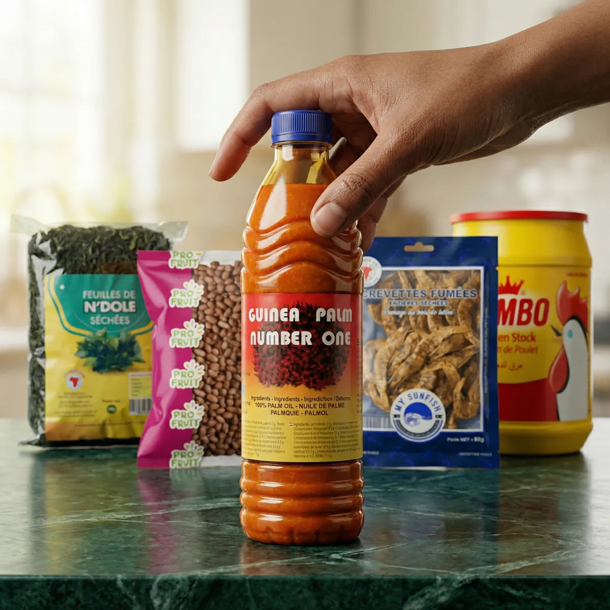 Authentiek Kameroens receptenset met bladeren en pinda's.