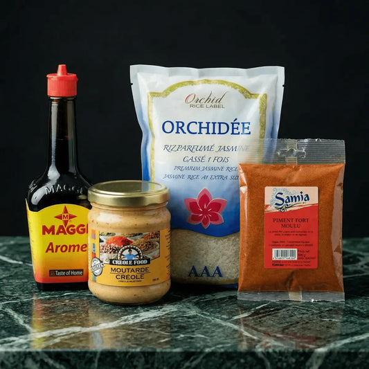 Stilleven met Maggi Arome, Creoolse mosterd, Orchidée rijst.