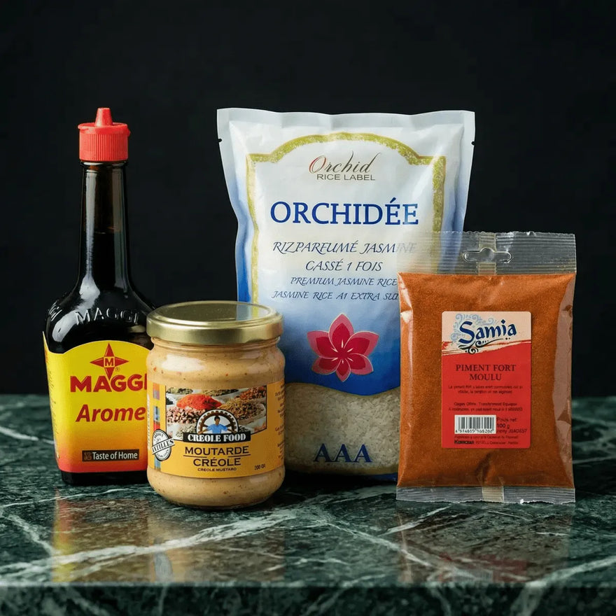 Nature morte avec Maggi Arome, moutarde créole, riz Orchidée.