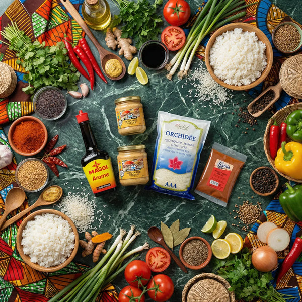 Top view of Senegalese ingredients for Poulet Yassa, including Orchidée rice, Maggi Arome.