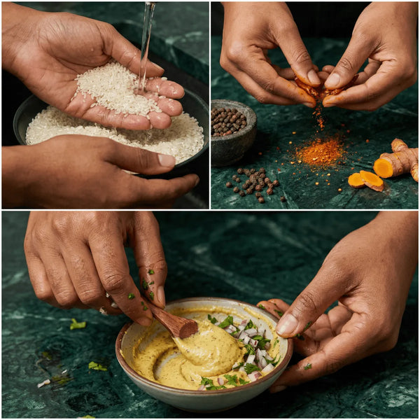 Authentic Senegalese Yassa Chicken Kit from the brand. Preparation: rinsed rice, mixed spices.
