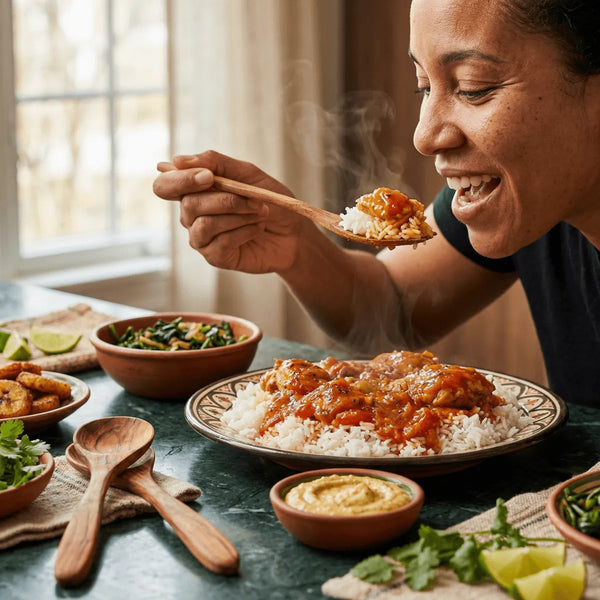 Authentic Senegalese Yassa Chicken Kit: woman eating the Yassa chicken rice dish.