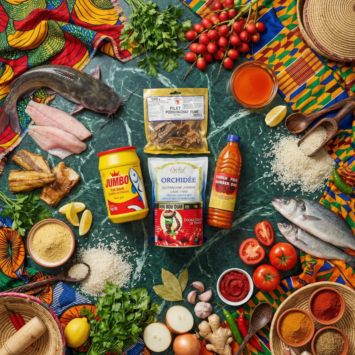 Authentieke Senegalese Thieboudienne Kit met Orchidée Rijst, Jumbo Bouillon.