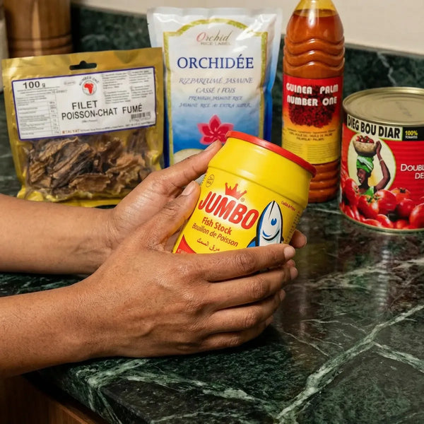 Kit de préparation Thieboudienne, authentique riz au poisson avec ses ingrédients traditionnels.