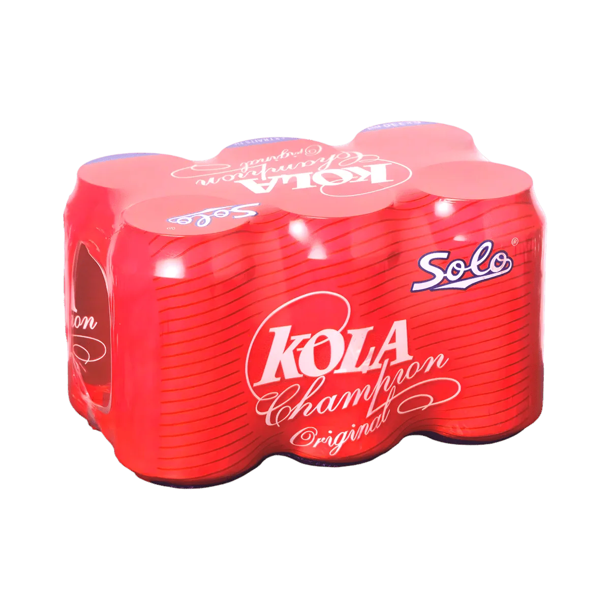 Pack of Kola Champion cans by Solo, red packaging with horizontal stripes and white logo.