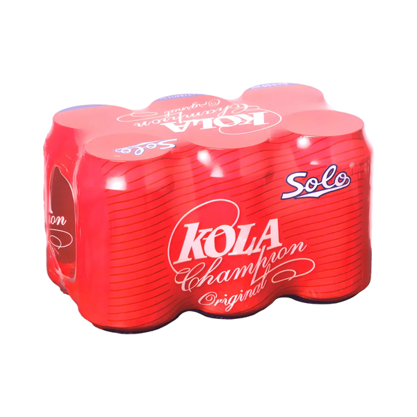 Pack Dosen Kola Champion von Solo, rote Verpackung mit horizontalen Streifen und weißem Logo.