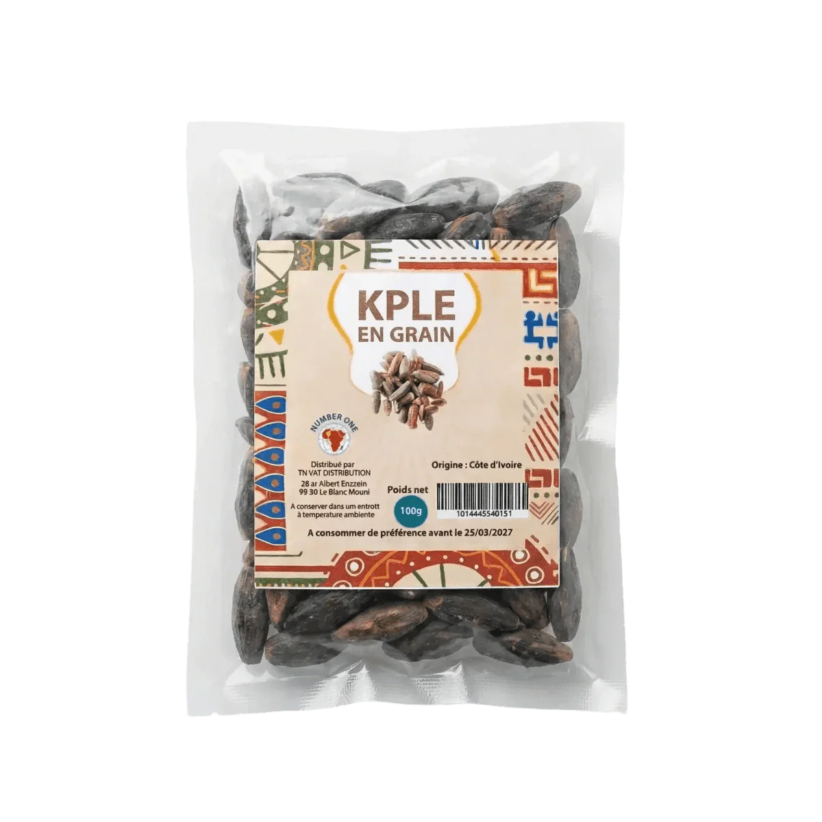Sac translucide de Kpele entiers Number One, 100g. Etiquette colorée indiquant marque.