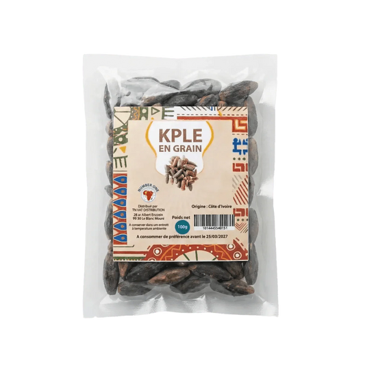 Sac translucide de Kpele entiers Number One, 100g. Etiquette colorée indiquant marque.