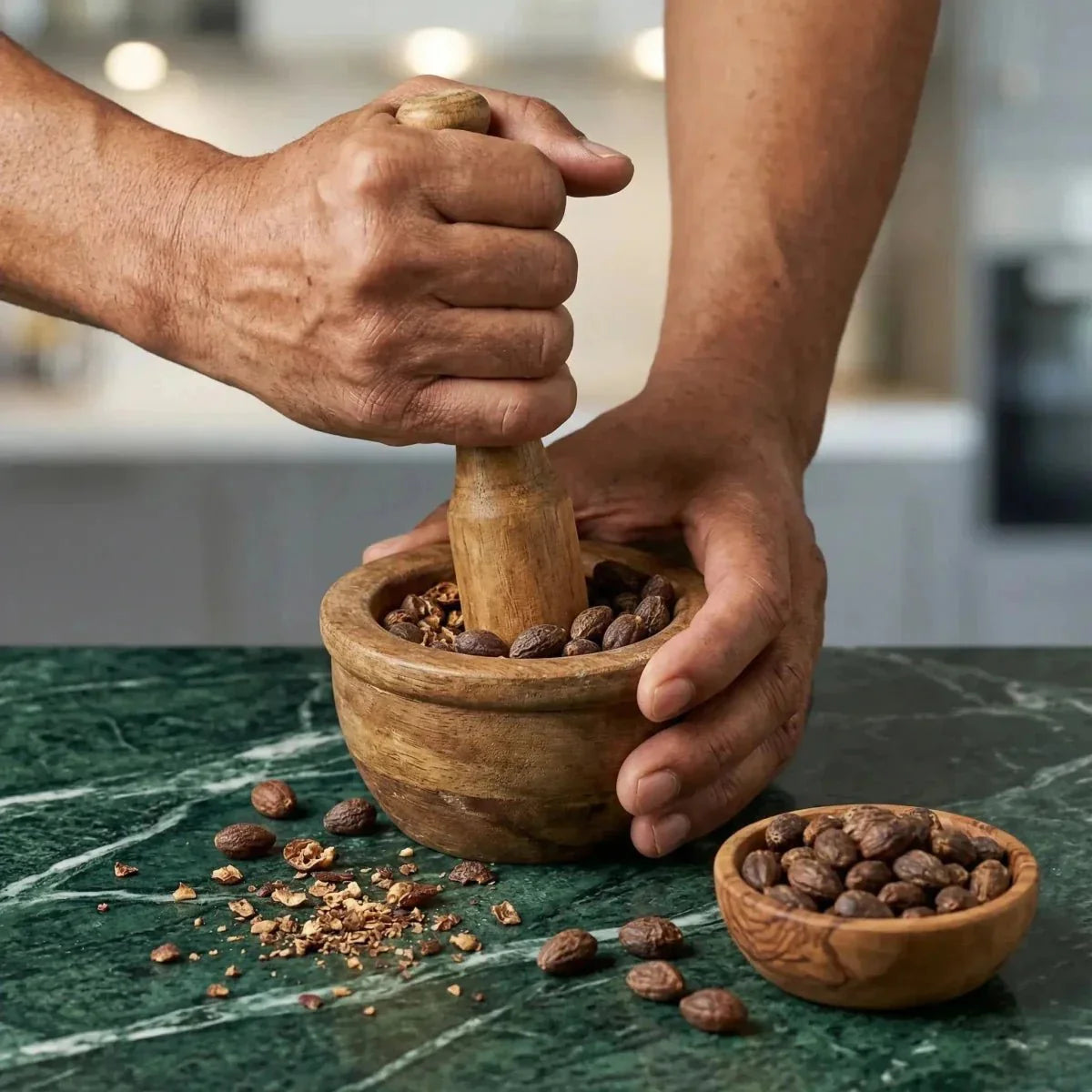 NUMBER ONE, Whole Kpele (100g). Hands pounding seeds in a wooden mortar on a surface.