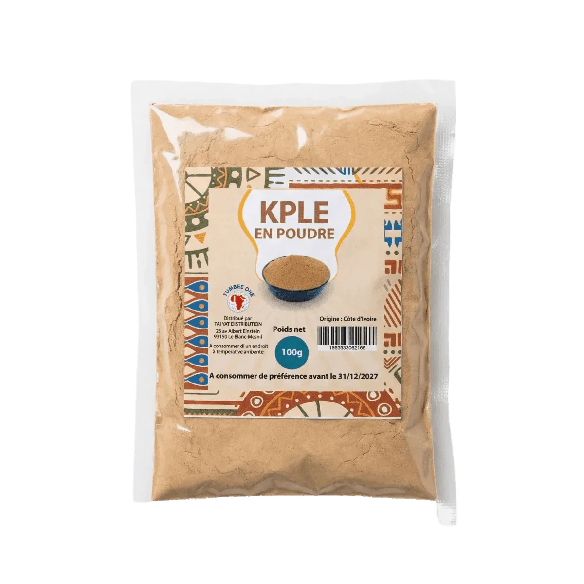 Sachet de Kpele NUMBER ONE en poudre de 100g, un ingrédient culinaire africain.
