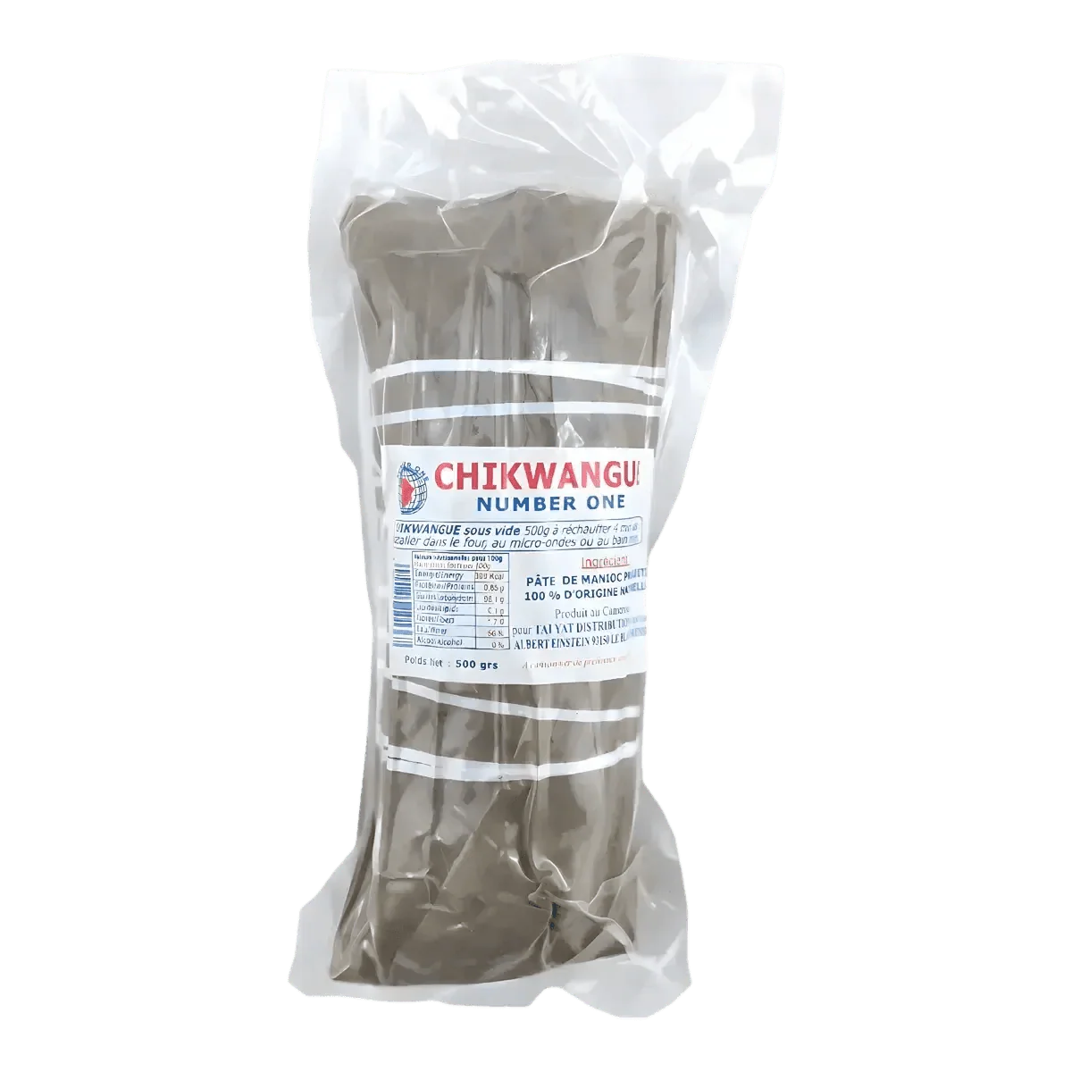 Pak kwanga "Chikwangu Number One", vacuümverpakte cassavepasta. Afbeelding van de productverpakking.