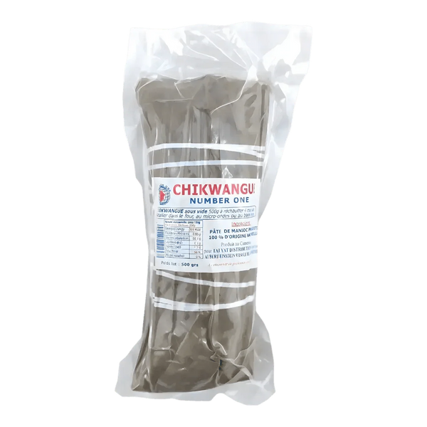 Paquet de kwanga "Chikwangu Number One", pâte de manioc sous vide. Image de l'emballage du produit.