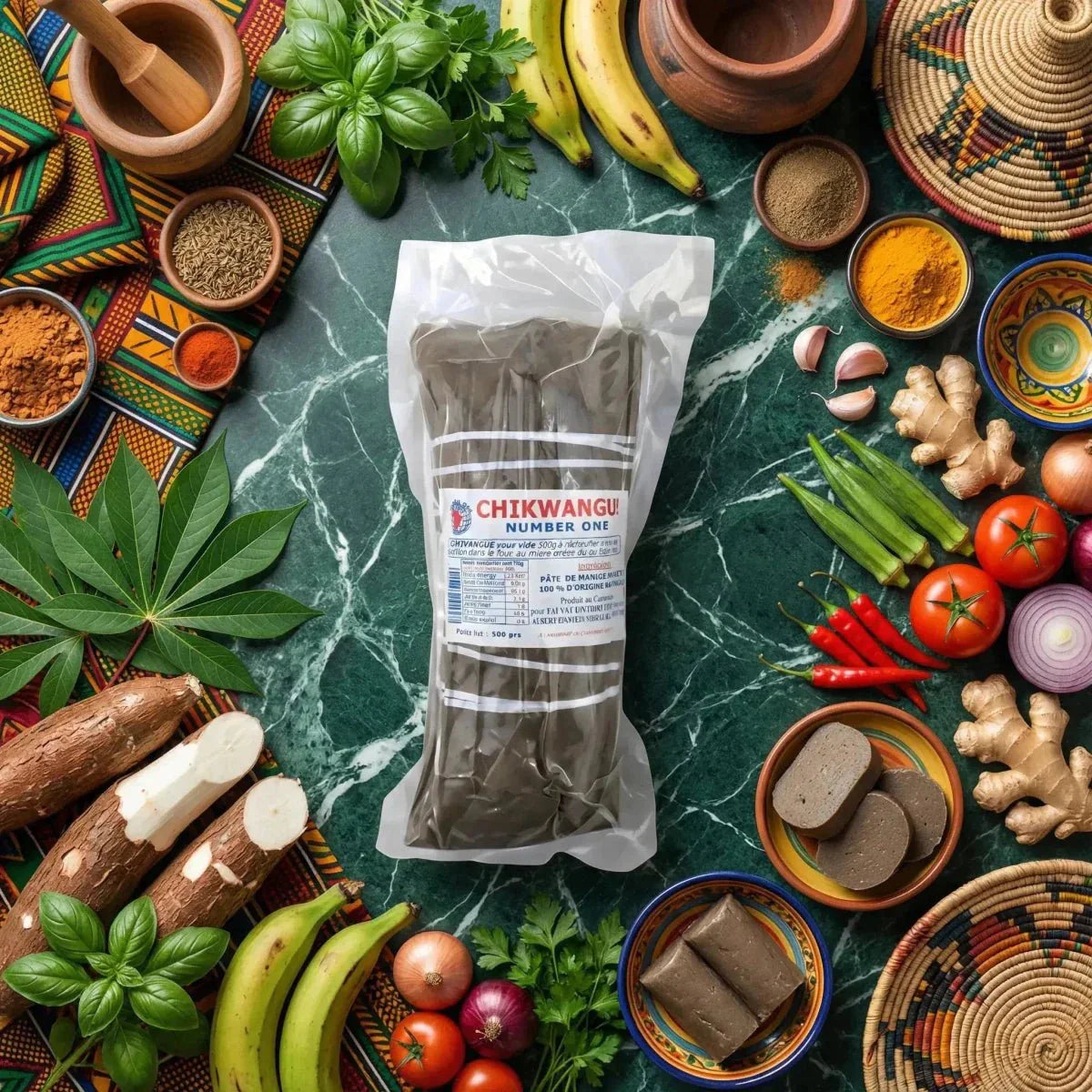 Cassava Kwanga CHIKWANGU! NUMBER ONE, 500g, surrounded by fresh ingredients (vegetables).