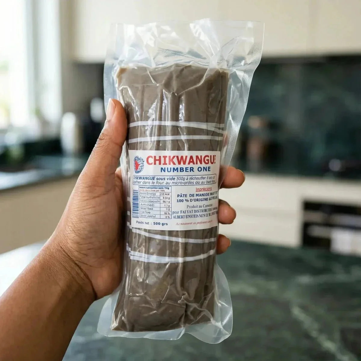 Vacuum-packed Kwanga (cassava dough) from the brand CHIKWANGU.