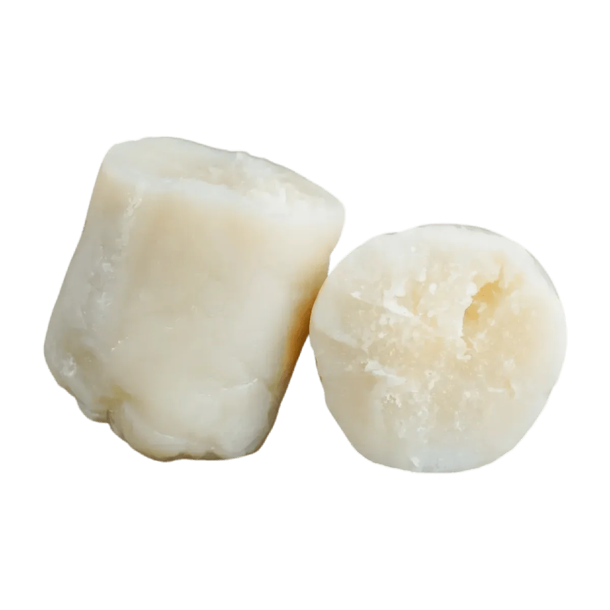 Kwanga NUMBER ONE: Vacuum-packed cassava paste. Two pieces of kwanga on a green background.