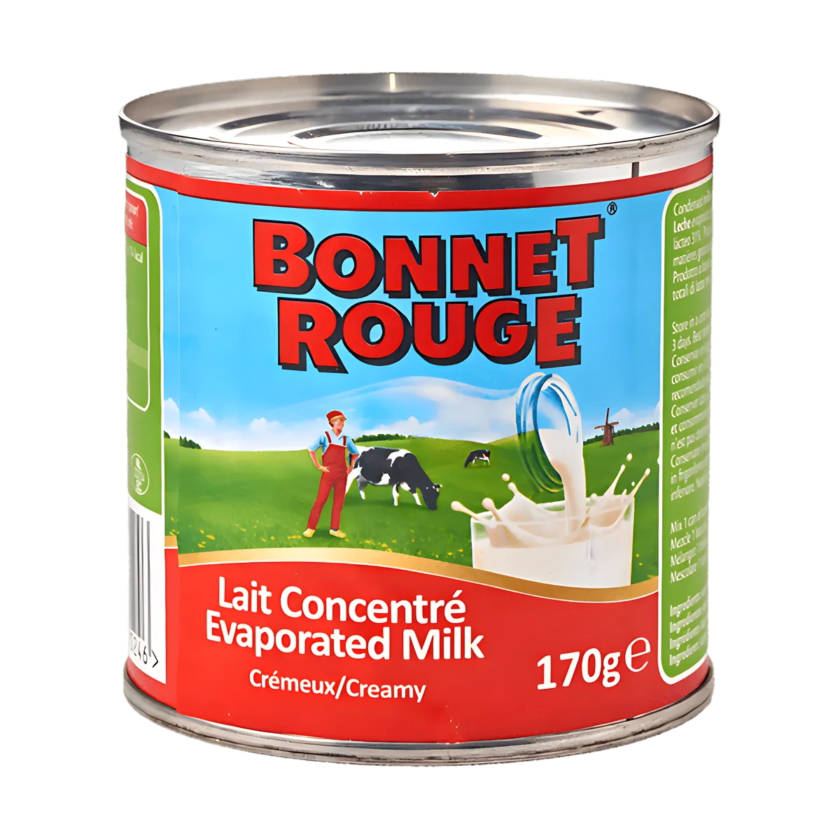 Boîte de 170g de lait concentré non sucré Bonnet Rouge, idéale pour recettes sucrées et salées. Produit crèmerie & laitier à texture crémeuse.