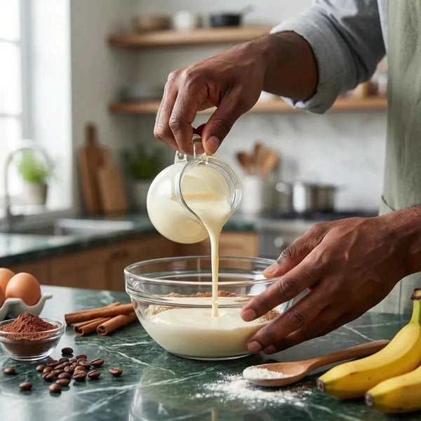 Lait concentré non sucré BONNET ROUGE versé dans un bol avec d'autres ingrédients pour une.