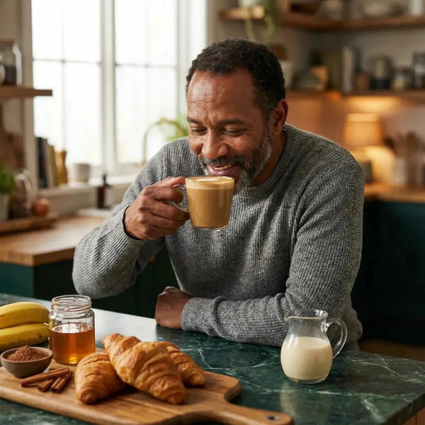 Un homme boit un café. Sur la table, lait BONNET ROUGE, croissants, miel, bananes.