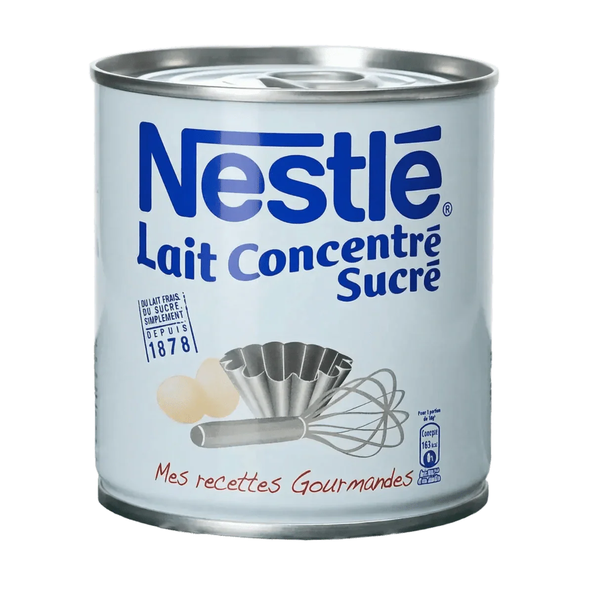 Blik gezoete gecondenseerde melk van Nestlé. Geëtaleerd met eieren, muffinvorm en garde.