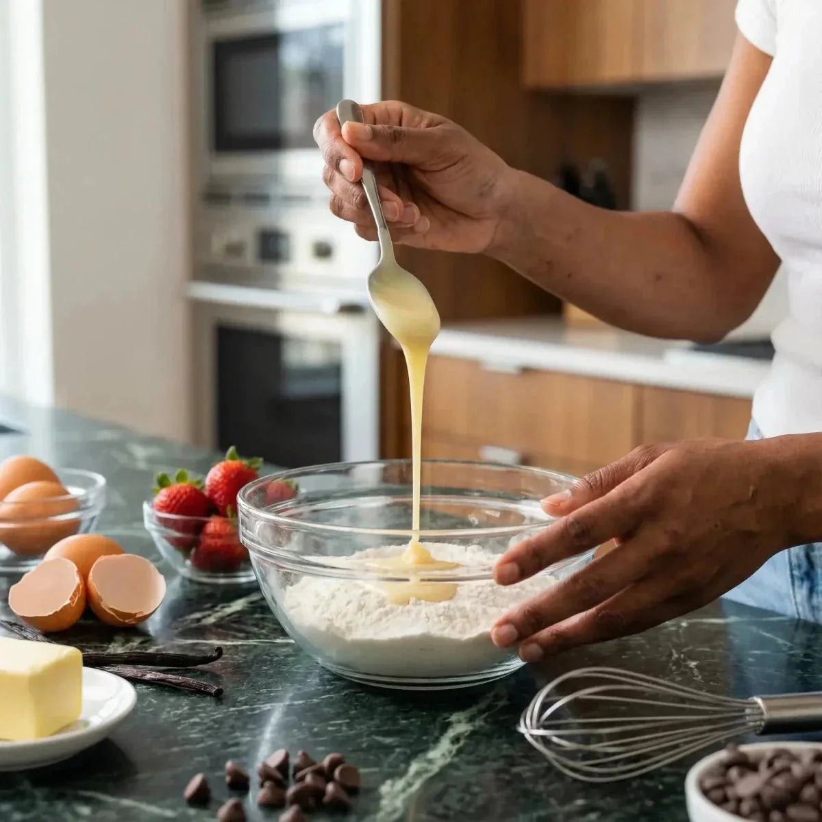 Préparation de dessert avec du lait concentré sucré NESTLÉ. Farine, œufs, fraises.