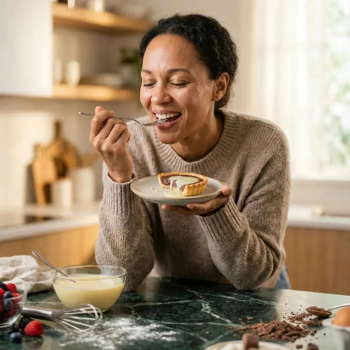 Une femme savoure une tartelette. Sur le plan de travail, lait concentré sucré NESTLÉ, fruits.