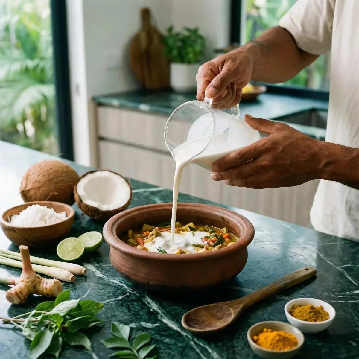 Lait de coco GRACE versé dans un plat de curry. Coconuts, épices.
