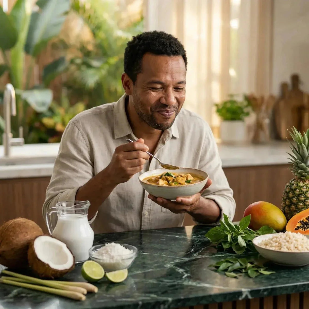 Un homme savoure un plat avec du lait de coco GRACE (400mL).
