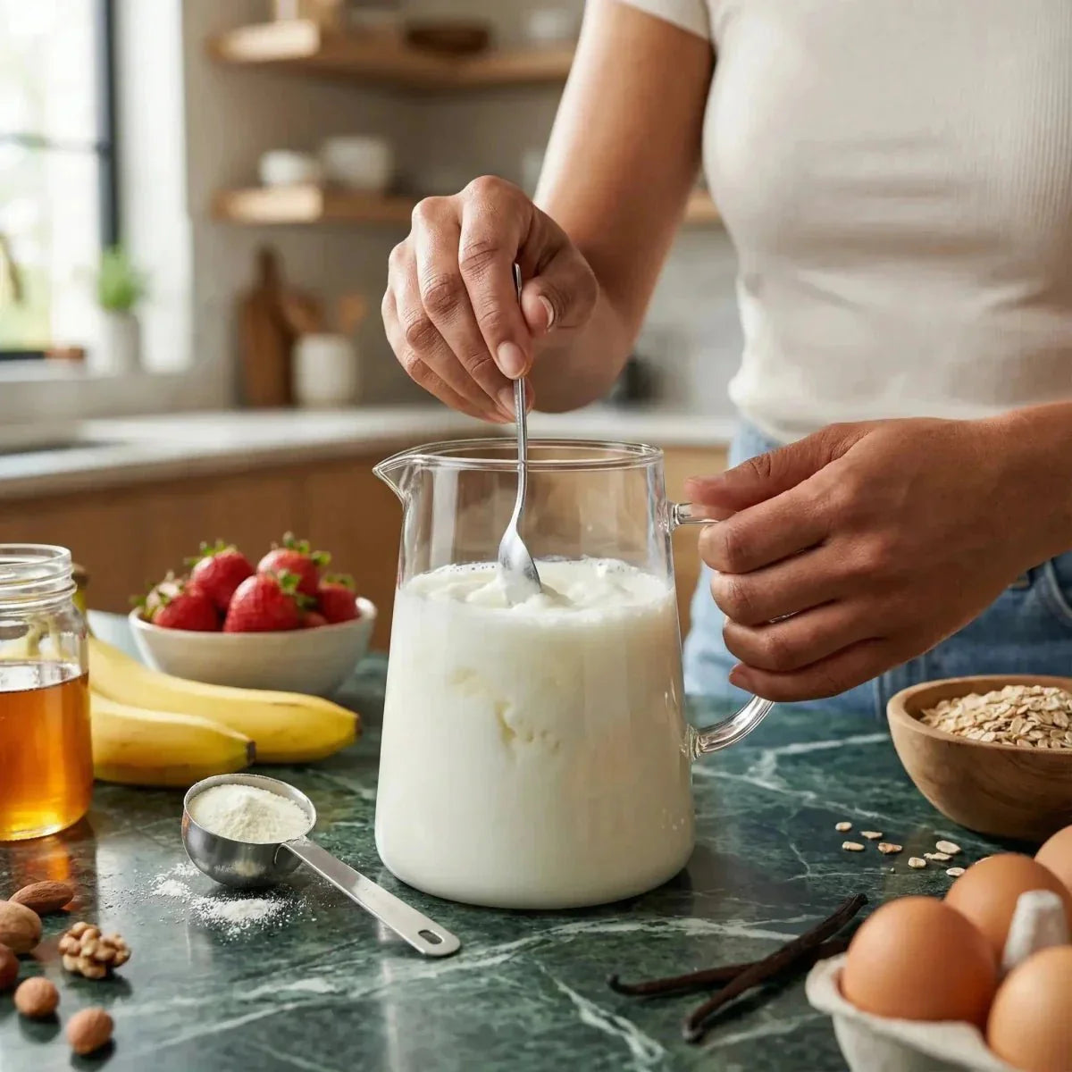 Preparation of a drink with NIDO powdered milk. Cooking with fresh fruit, honey.