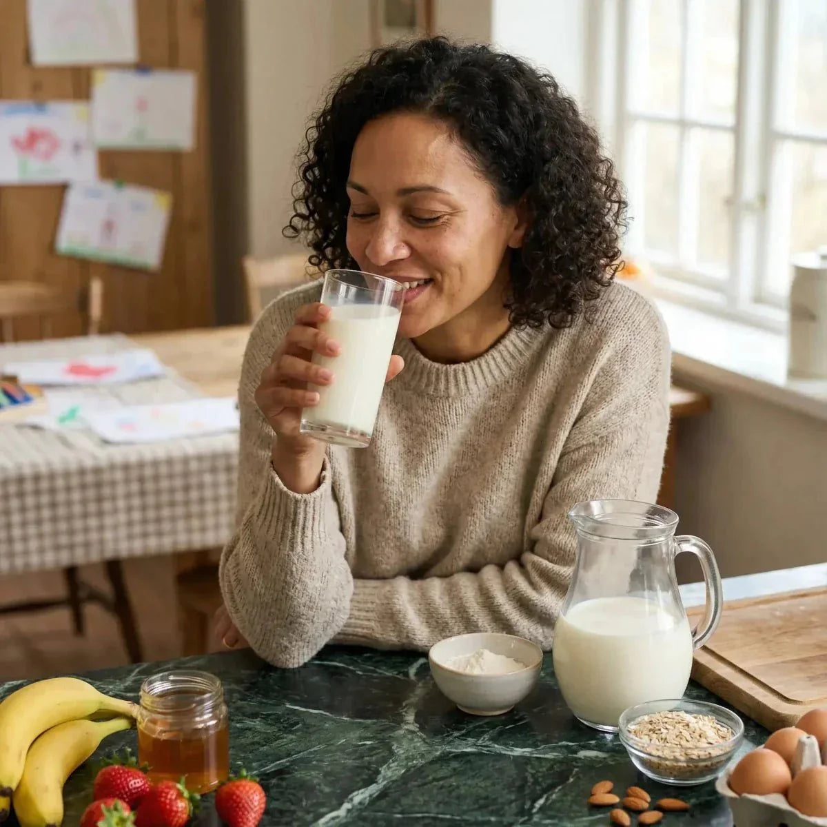 A woman drinks milk near cooking ingredients. Several NIDO products: powdered milk.