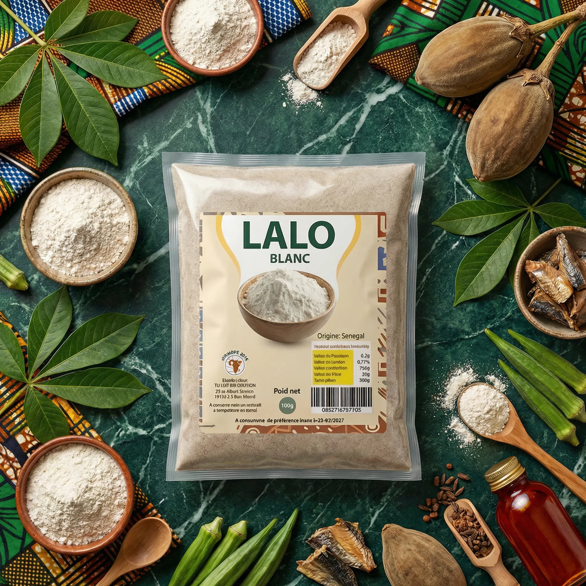 Presentation of NUMBER ONE ground white Lalo (100g). Displayed with plants.