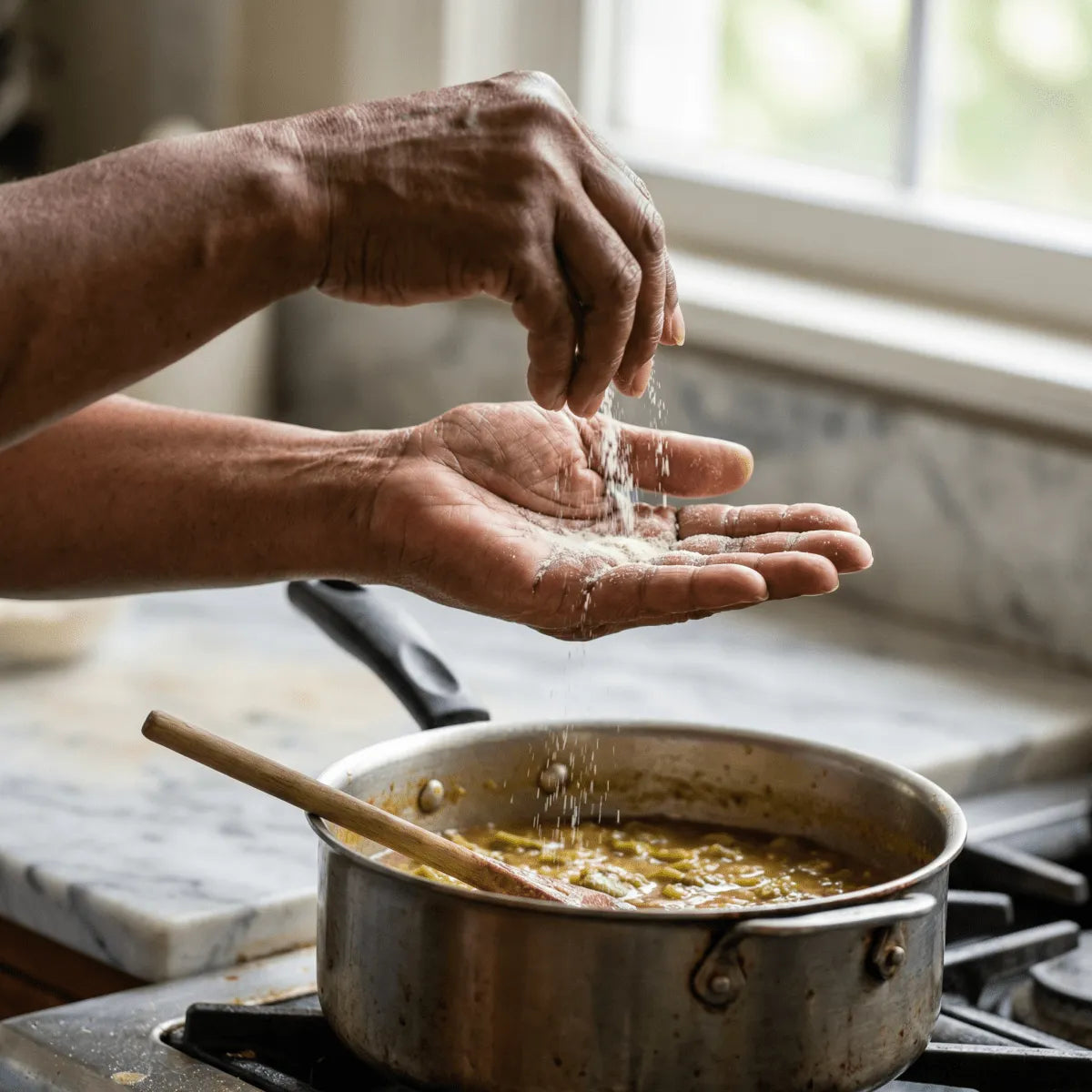 Ground white Lalo NUMBER ONE. Hands sprinkle a white powder over a pot.
