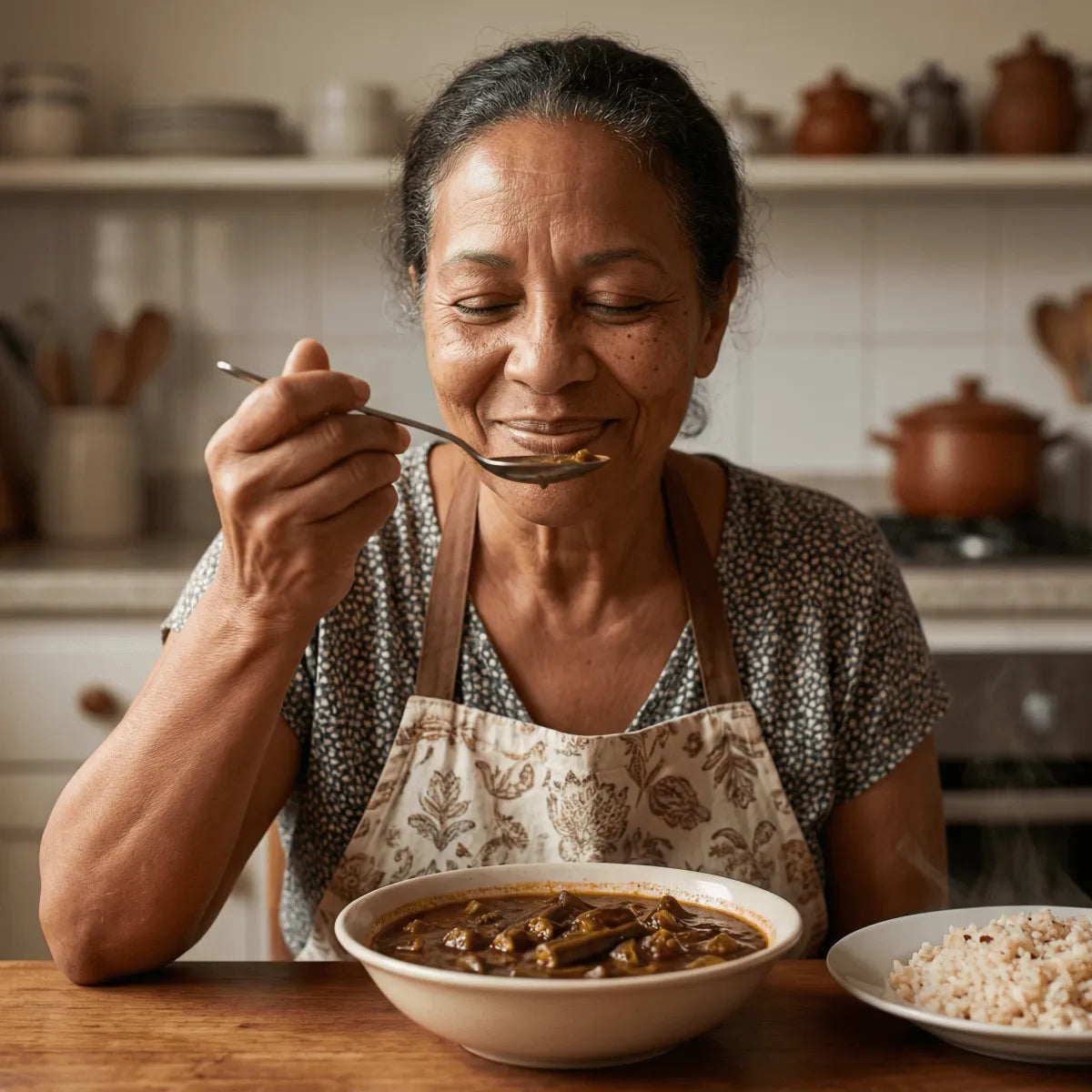 Ground white Lalo spices from NUMBER ONE in a bowl, with a woman enjoying the aroma.