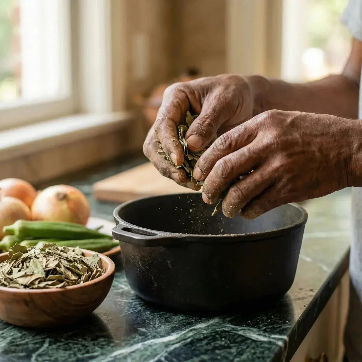 Ground dry Lalo NUMBER ONE: hands above a black dish, pouring leaves.