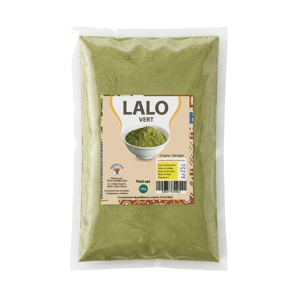Sachet de Lalo vert moulu de la marque NUMBER ONE. On voit le sachet rempli de poudre verte.