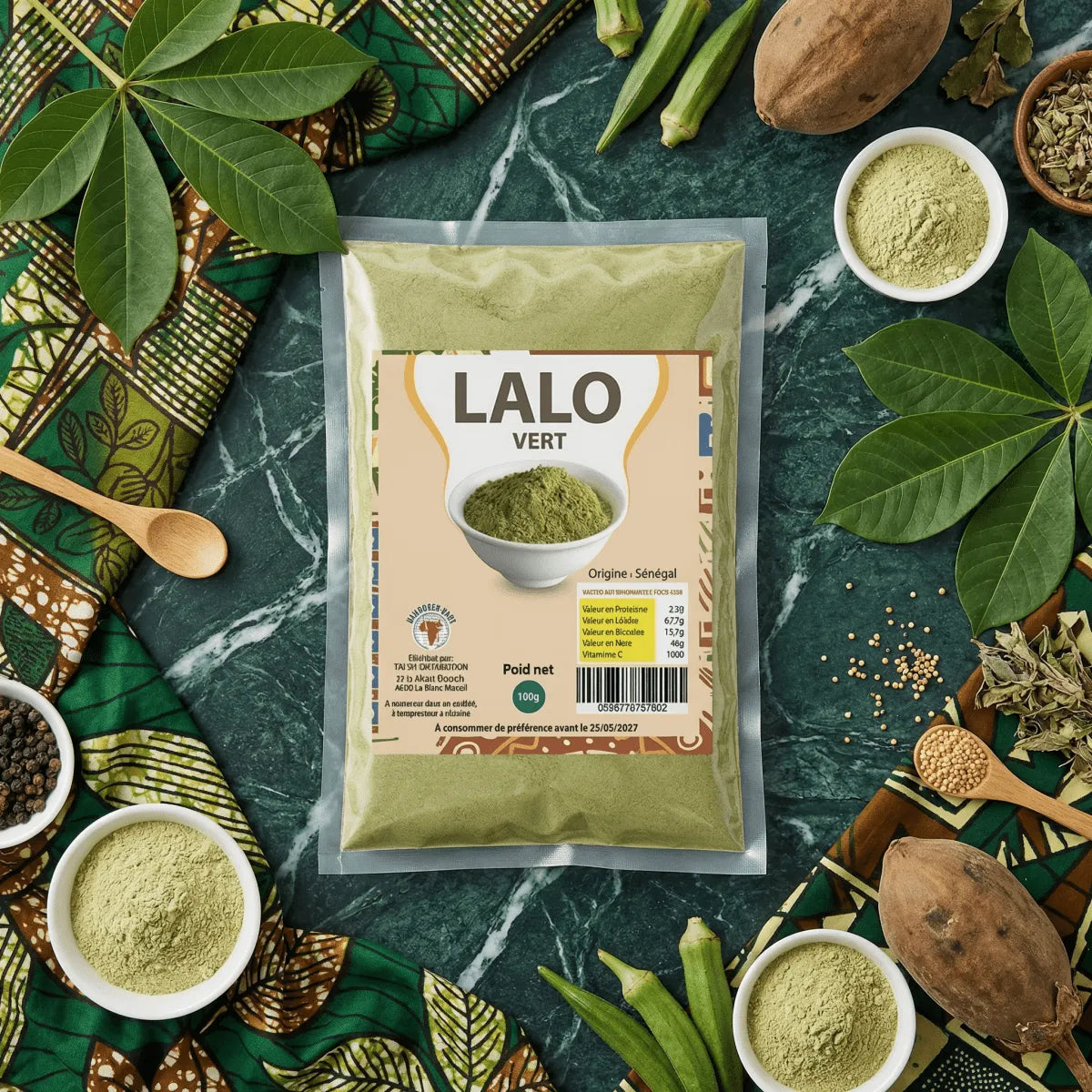 Ground green Lalo NUMBER ONE on a marbled green background, with bowls of ingredients, okra, yam.