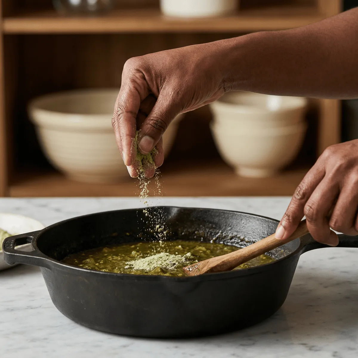 Ground green Lalo NUMBER ONE — 100g, sprinkled into a pan of green sauce.