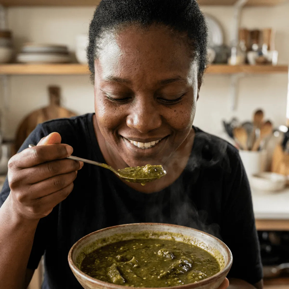 Ground green Lalo NUMBER ONE: smiling woman enjoying a green soup.