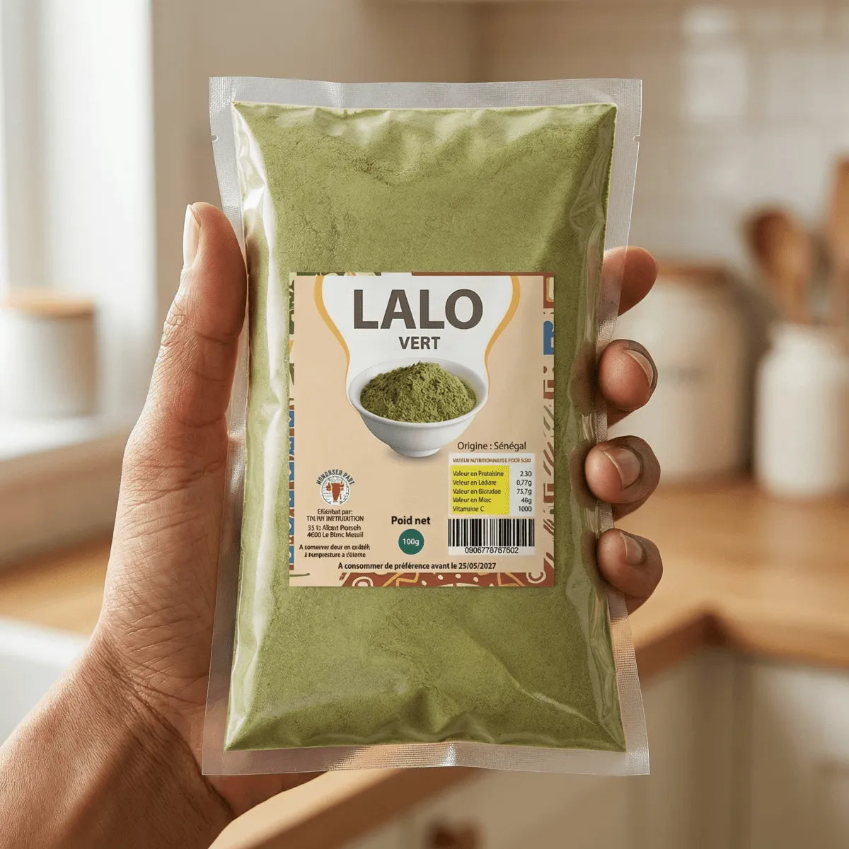 Ground green lalo powder from NUMBER ONE, presented in a transparent pouch.