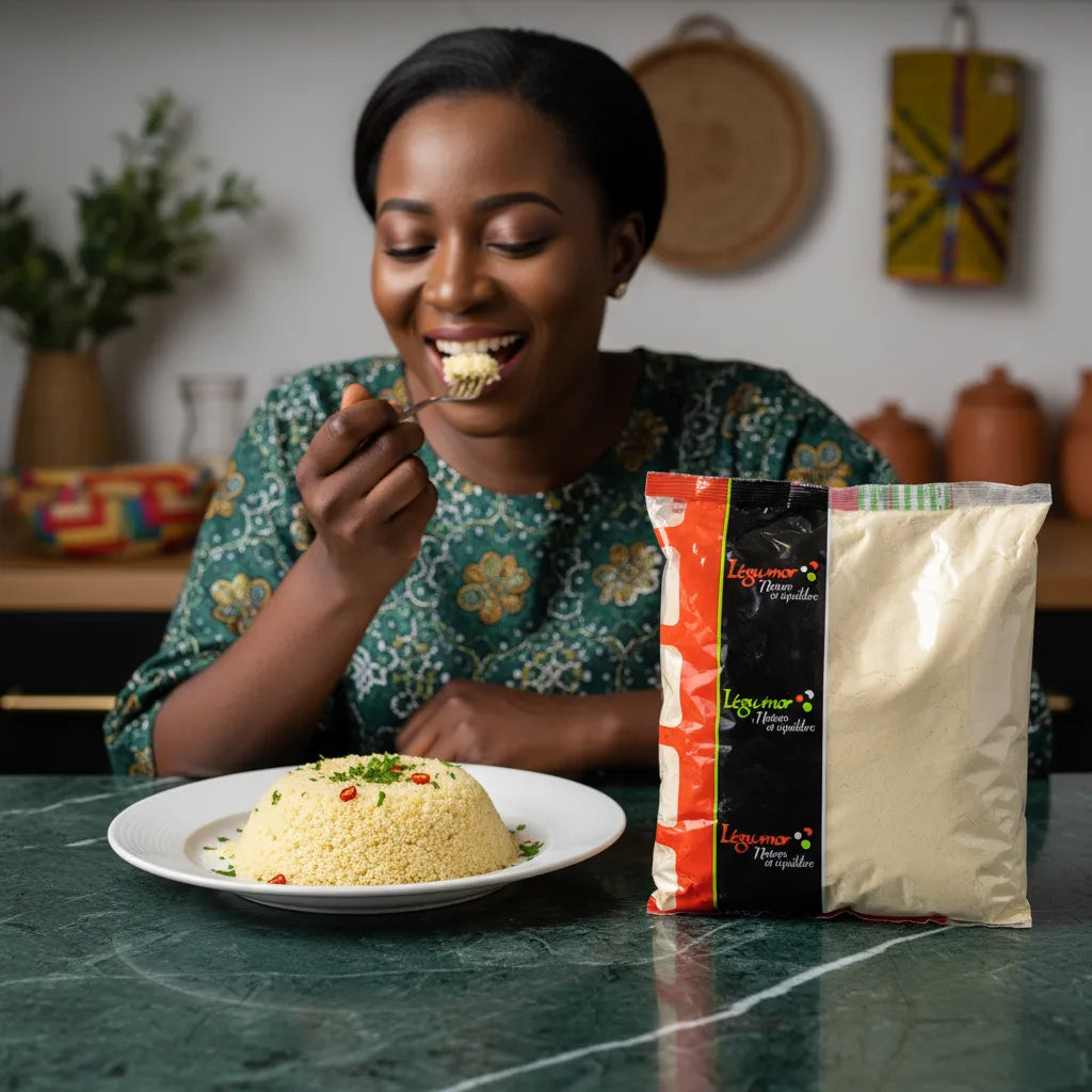 Dégustation d’un plat à base de farine de pois chiche LEGUMOR - Protéines végétales, parfaite pour une cuisine équilibrée et savoureuse.