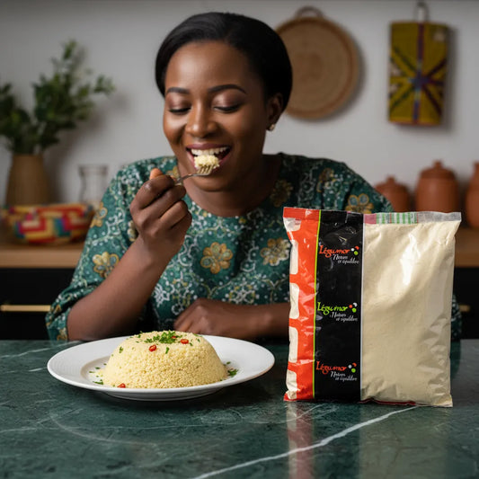 Dégustation d’un plat à base de farine de pois chiche LEGUMOR - Protéines végétales, parfaite pour une cuisine équilibrée et savoureuse.